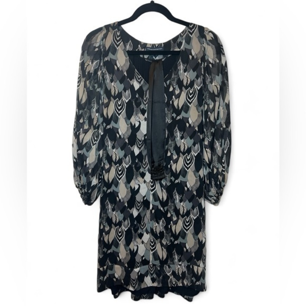 French Connection Women‎ 8 Black/Gray Leaf Print 3/4 Sheer Sleeve Lined Dress